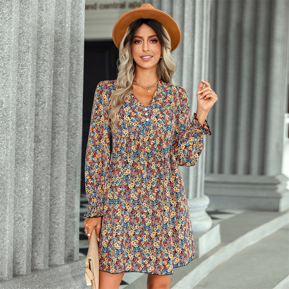 Floral Orange Long Sleeve Fall Dresses for Women