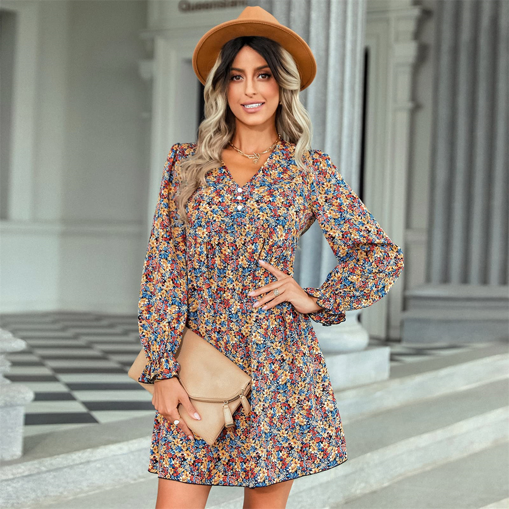 Floral Orange Long Sleeve Fall Dresses for Women